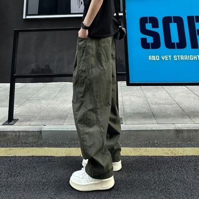 QUALCOMM秋冬美式复古拼接褶皱休闲裤男款宽松直筒阔腿伞兵工装裤