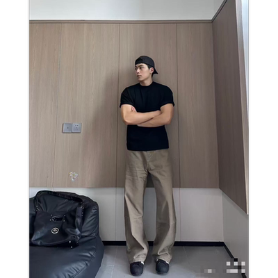 QUALCOMM美拉德潮流咖色宽松直筒牛仔裤男款秋冬纯棉窄版阔腿裤子