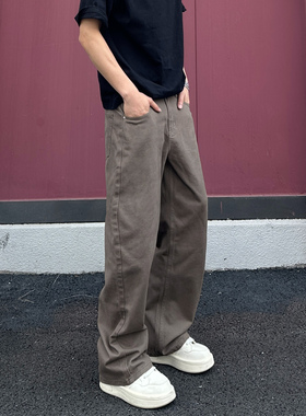 QUALCOMM2025秋冬新款极简咖色牛仔裤男潮流百搭宽松直筒阔腿裤