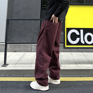 QUALCOMM潮牌设计感酒红色弯刀休闲裤男秋冬款宽松高街痞帅工装裤