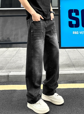 QUALCOMM美式vibe潮流柳钉新款伐木裤男春季黑色显瘦直筒牛仔长裤