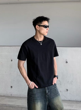 QUALCOMM美式硬汉黑色短袖t恤男夏季百搭纯棉圆领打底微落肩小白T