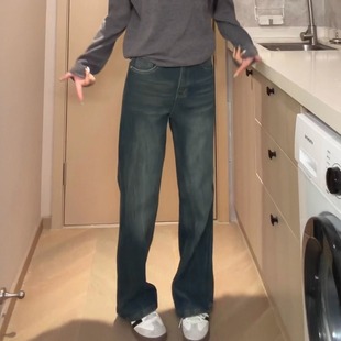 QUALCOMM美式猫须做旧复古蓝加绒牛仔裤男女款秋冬百搭显瘦微喇裤