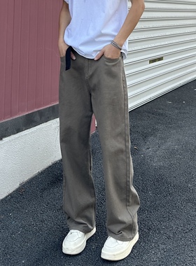 QUALCOMM秋冬美拉德咖色宽松直筒牛仔裤男潮流百搭显瘦阔腿长裤子