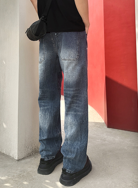 QUALCOMM美式复古蓝色直筒伐木裤男春季百搭显瘦设计铆钉牛仔裤子