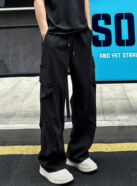 QUALCOMM秋冬复古工装风百搭黑色休闲裤男简约褶皱设计呢料直筒裤