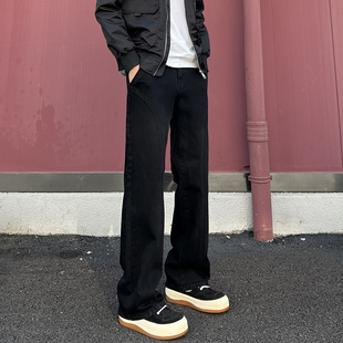 QUALCOMM美式斜切显高显瘦加绒牛仔裤男秋冬潮流百搭黑色直筒长裤