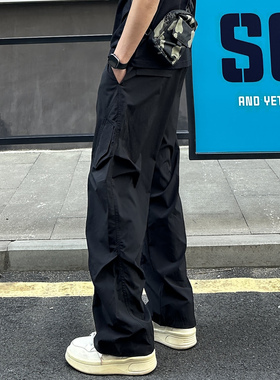 QUALCOMM黑色潮流皱感休闲裤男女秋冬新款户外直筒宽松运动工装裤