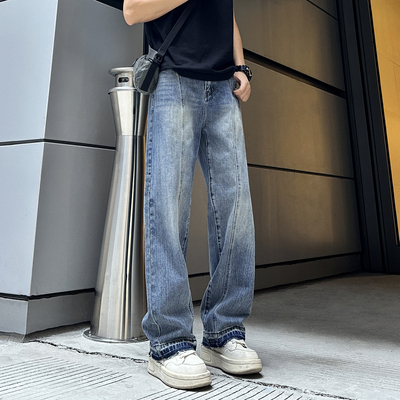 QUALCOMM秋季美式cleanfit毛边直筒长裤男士百搭斜切拼接牛仔长裤
