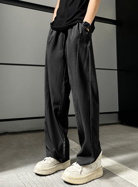 QUALCOMM美式凉感卡扣飘带裤夏季薄款直筒裤男黑色垂感冰丝休闲裤