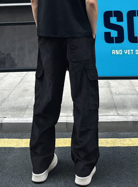QUALCOMM美式复古灯芯绒黑色休闲裤男秋冬新款高街百搭运动工装裤