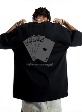 STA XCC扑克牌美式潮牌重磅纯棉宽松百搭落肩短袖T恤男ins女夏季