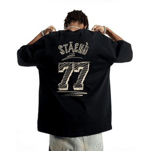 夏季 男春夏情侣重磅纯棉打底T恤半袖 女 短袖 STA国潮涂鸦77字母美式