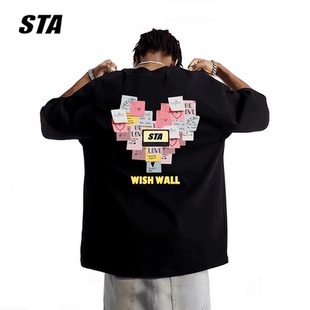 重磅纯棉宽松休闲情侣T恤 男女夏季 STA.280G美式 爱心贴纸潮牌短袖