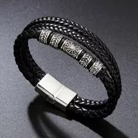 A men's retro leather rope bracelet with a unique Viking totem punk fortune bead woven leather black jewelry for your boyfriend thumbnail 3