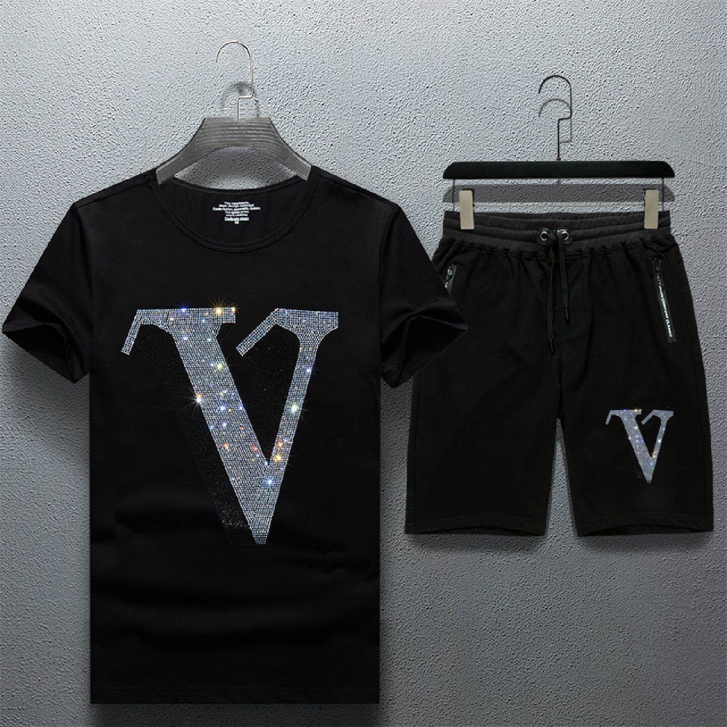 2026欧洲站夏季潮牌烫钻套装男士恤短袖短裤新精神小伙休闲帅气潮