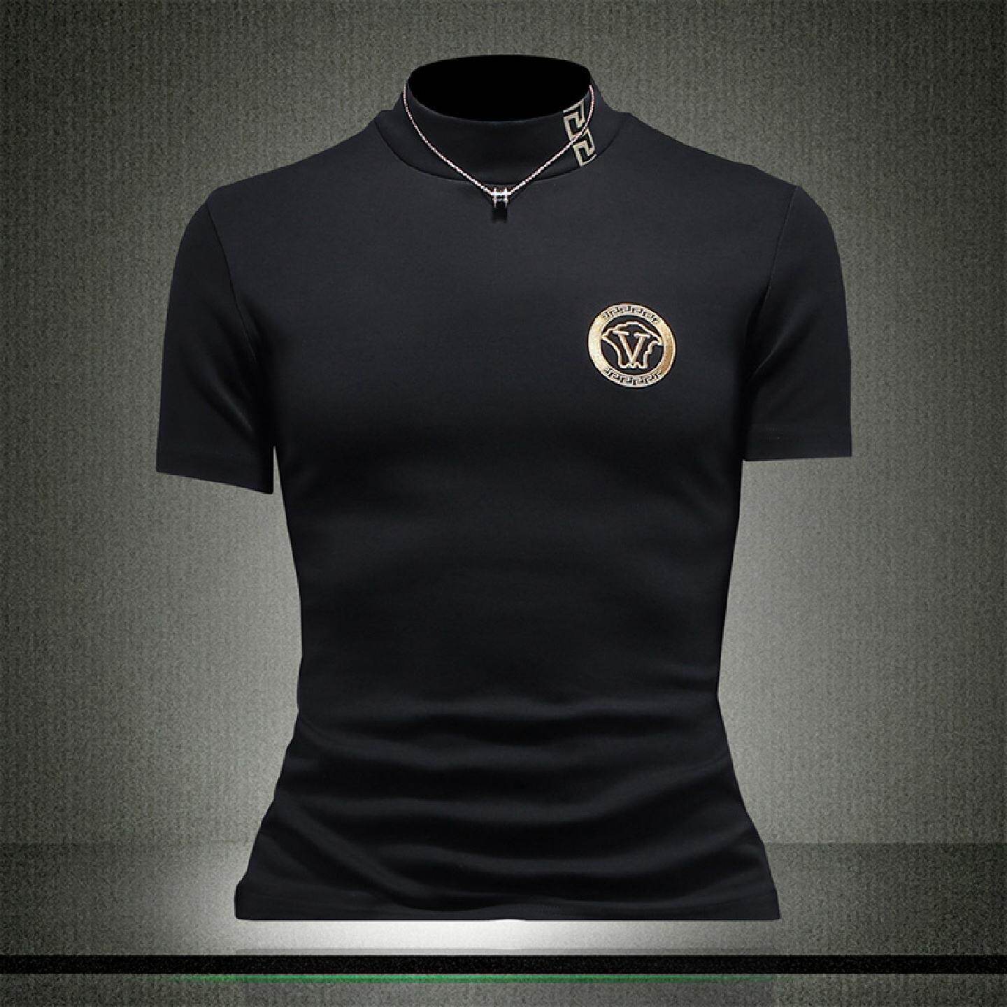 秋冬男士恤短袖纯棉绣花轻奢内搭加绒加厚半高领修身打底衫潮牌潮