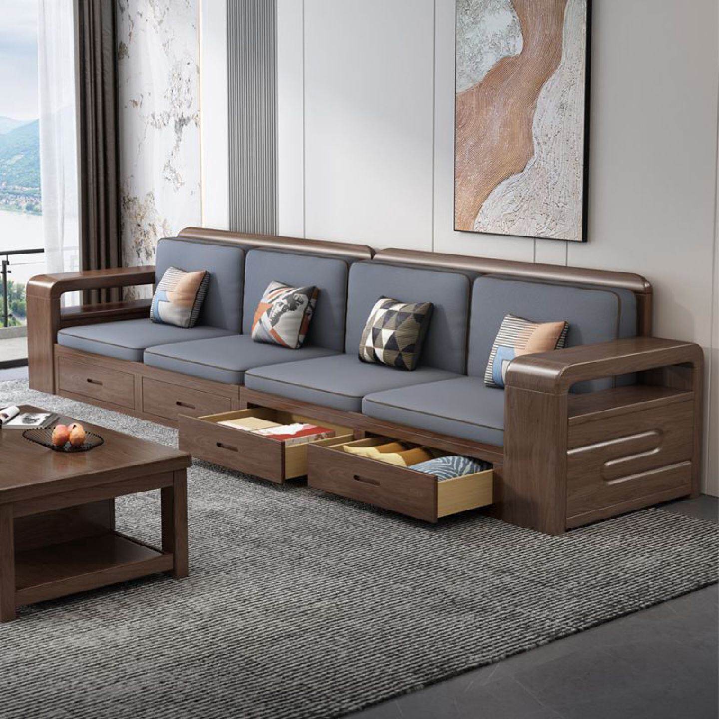 胡桃实木抽屉储物直排沙发套装贵妃现代简约冬夏两用高档客厅家具