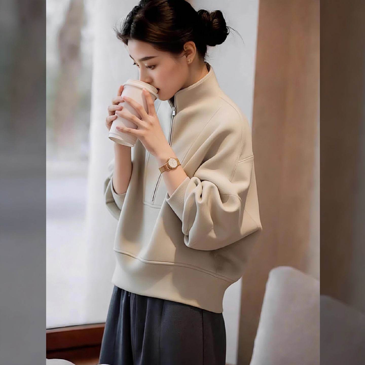 极简风立领拉链卫衣女2026秋冬季新款宽松显瘦百搭高级感上衣外套