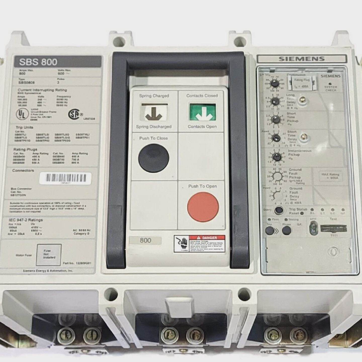 SIEMENS SBS0808 DRAWOUT CIRCUIT BREAKER SBS 800 W TRIP UNIT