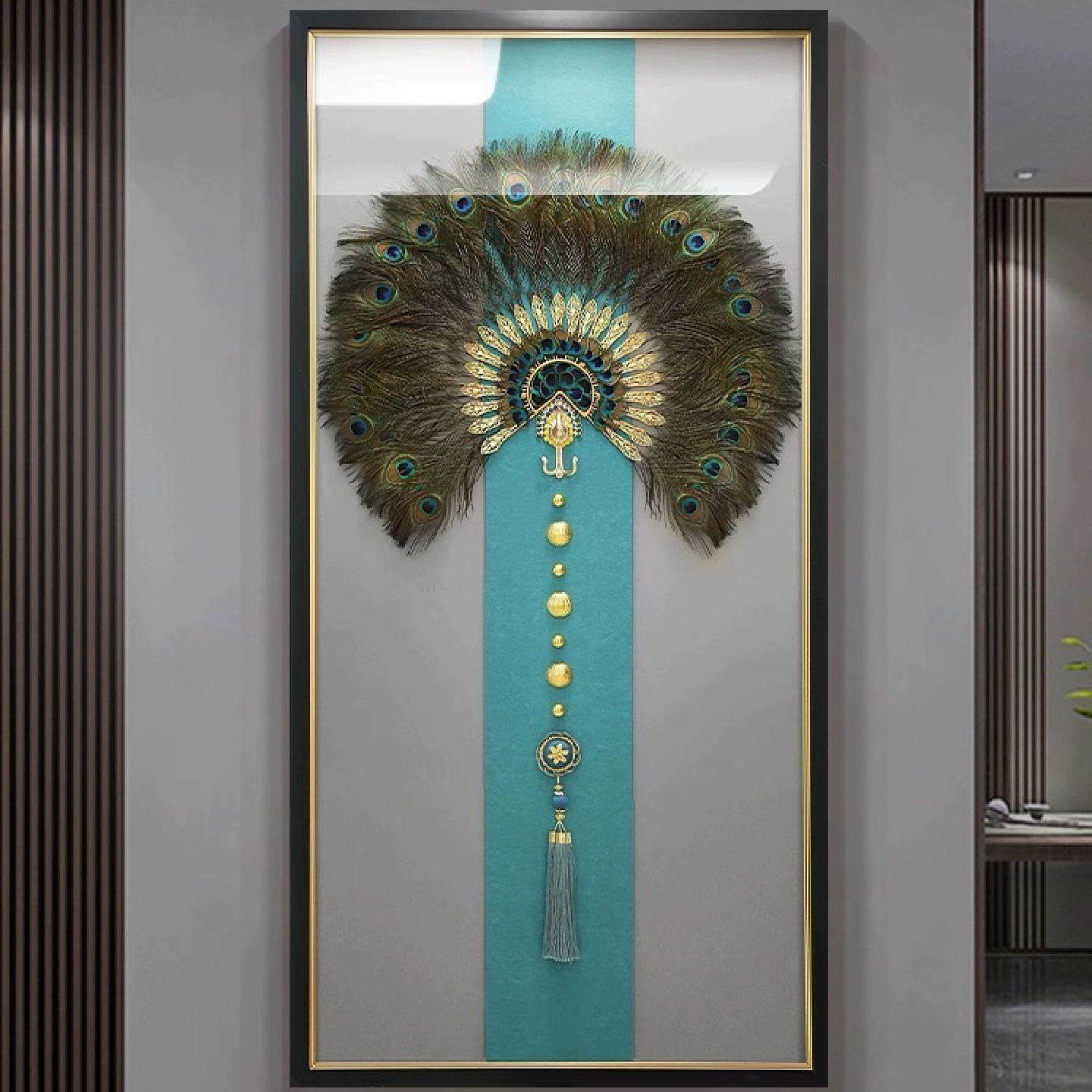新中式入户玄关画走廊过道尽头壁画3d实物立体装饰画孔雀羽毛挂画图片