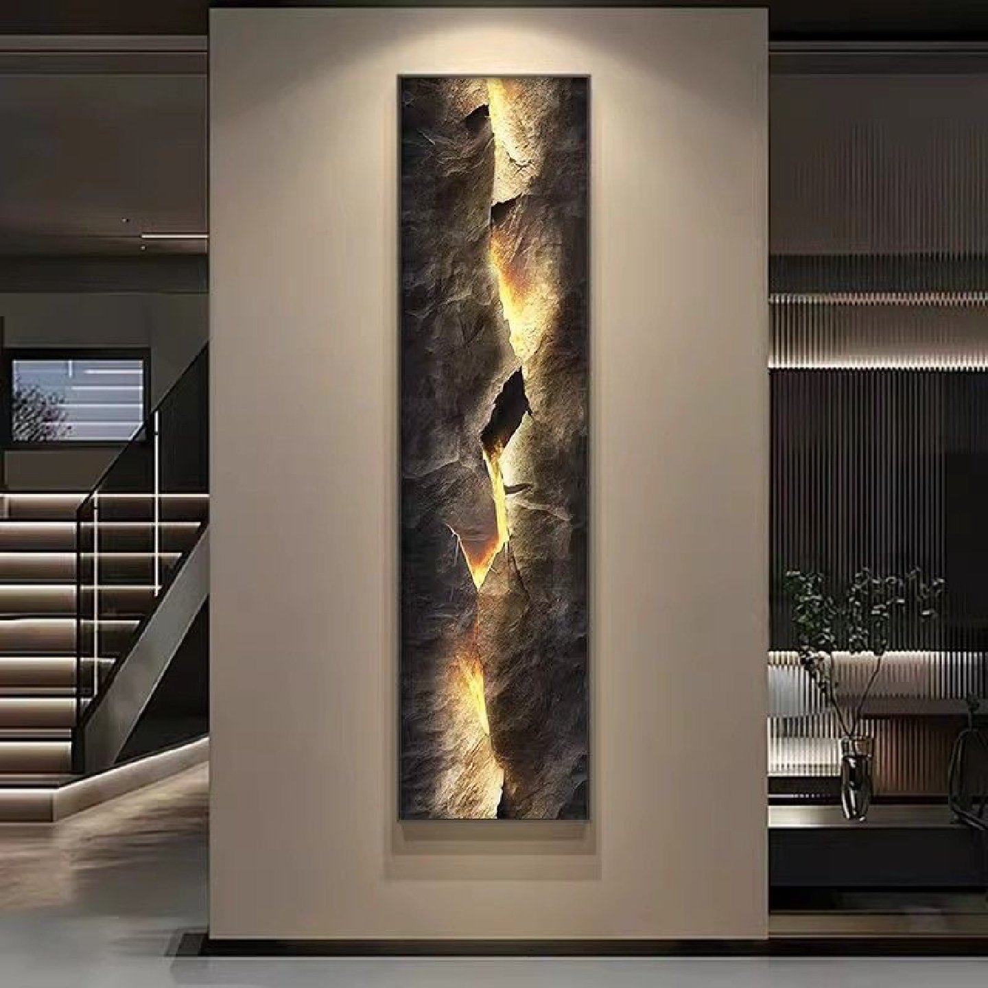 竖版长条入户玄关装饰画大气楼梯间挂画抽象走廊尽头LED氛围灯画