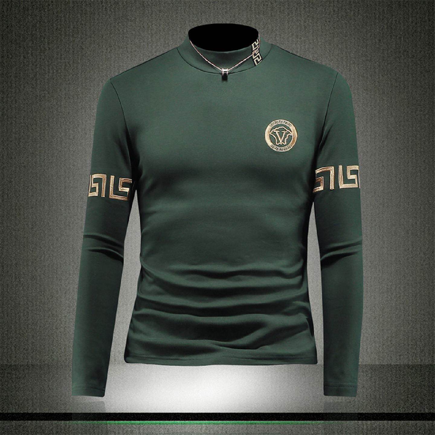 欧洲站纯棉长袖恤男士冬季新款绣花半高领修身保暖内搭打底衫潮潮