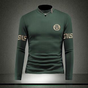 欧洲站纯棉长袖恤男士冬季新款绣花半高领修身保暖内搭打底衫潮潮