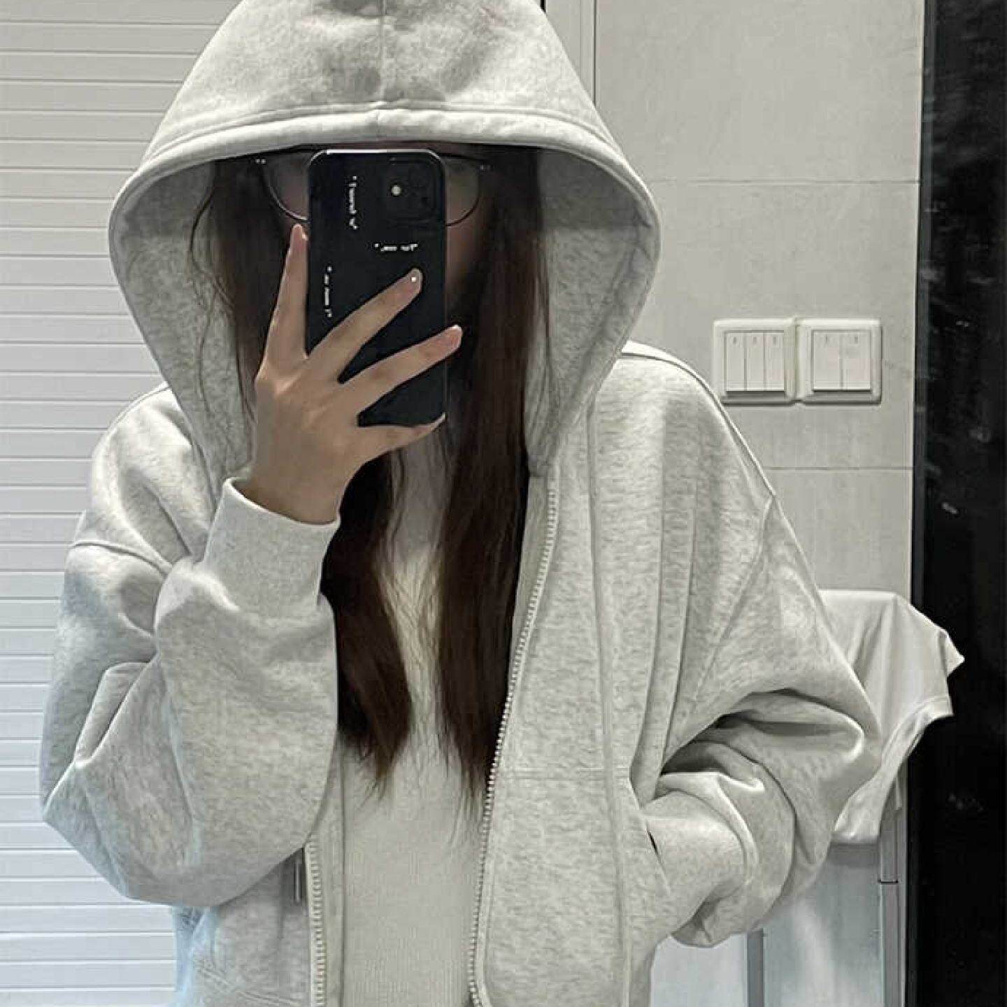 重磅纯棉灰色短款肯豆风卫衣外套女2025新款春秋薄款连帽拉链开衫