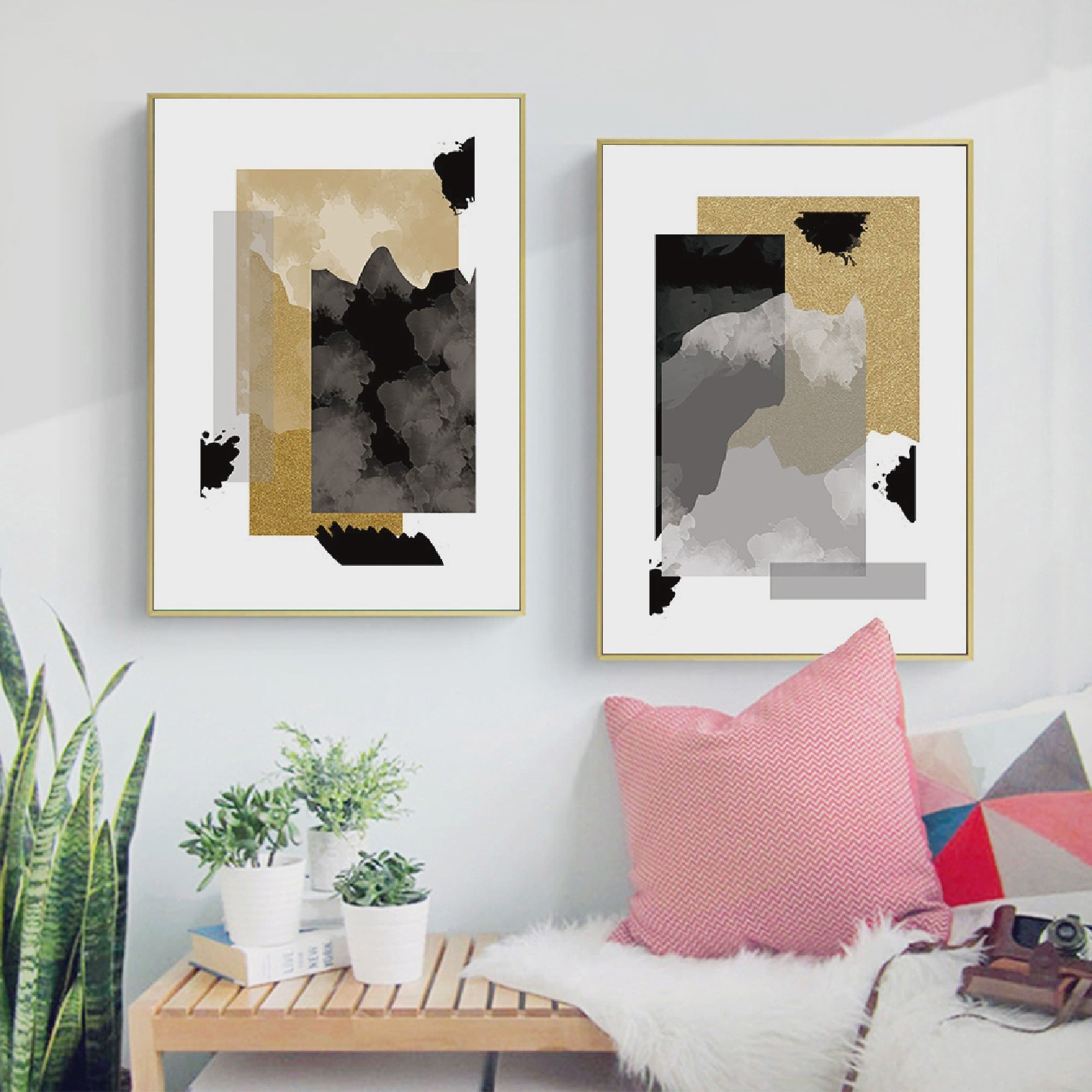 现代简约客厅装饰画黑白抽象艺术金箔画二联餐厅沙发卧室书房墙画