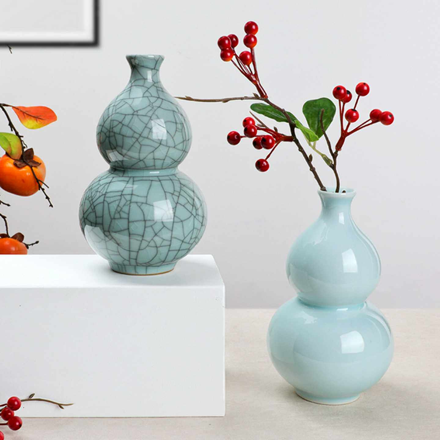 亲居葫芦青瓷花瓶清新家居客厅装饰品小花器水培花插陶瓷龙泉绿植