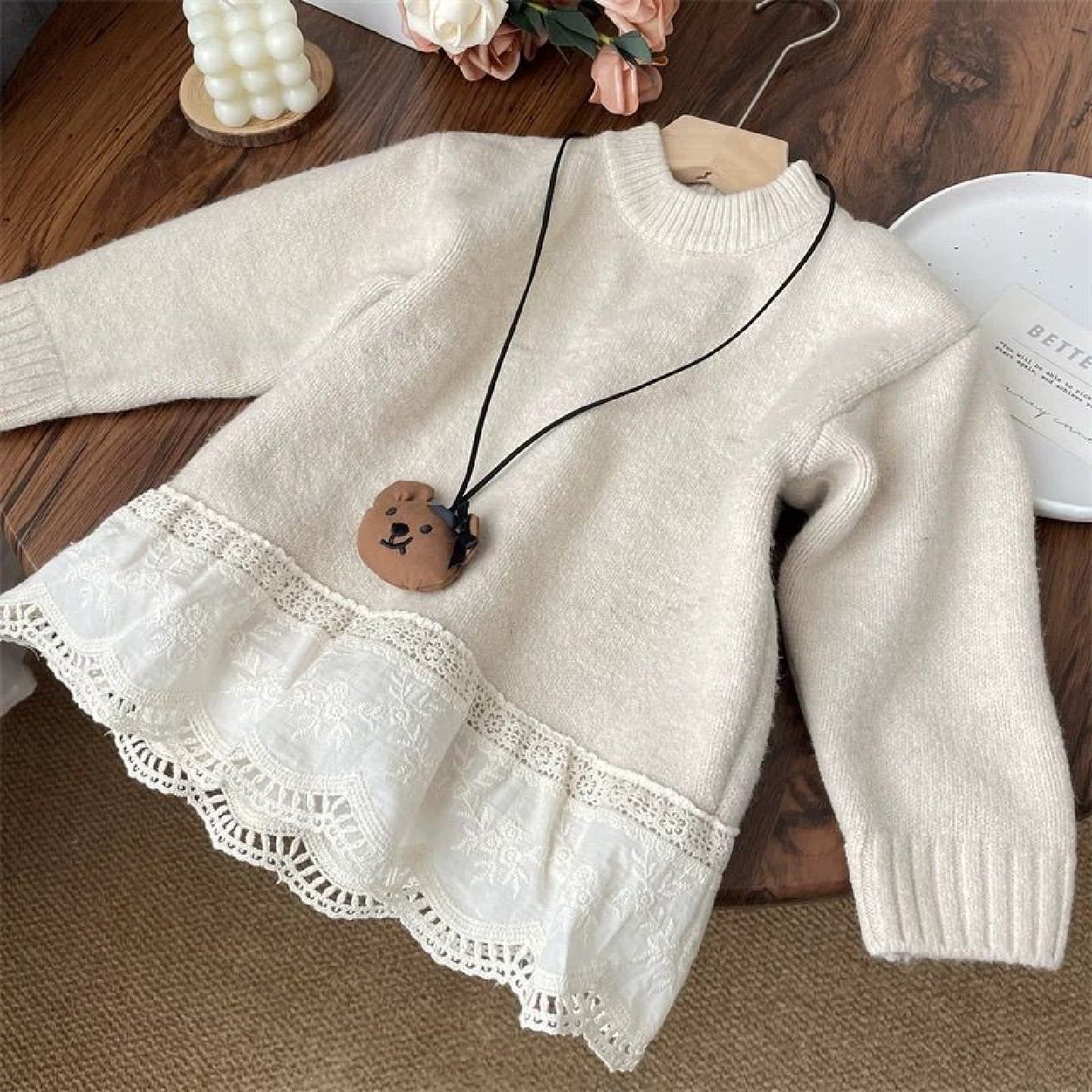 女童毛衣韩版加厚中长款针织衫中小童蕾丝花边拼接上衣时尚简约