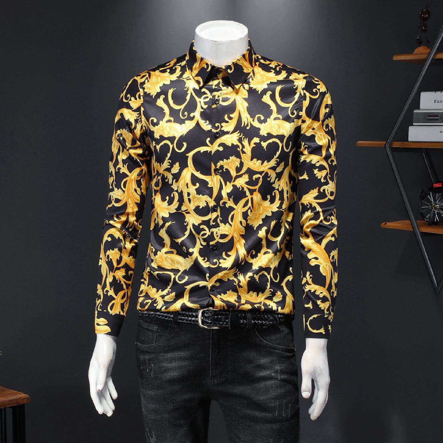 欧洲站金色花纹长袖衬衫男装春秋季新款轻奢个性潮牌修身大码衬衣