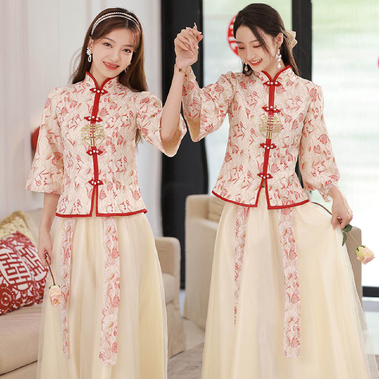 中式伴娘服女2024春季新款复古中国风大码婚礼姐妹服伴娘团礼服裙