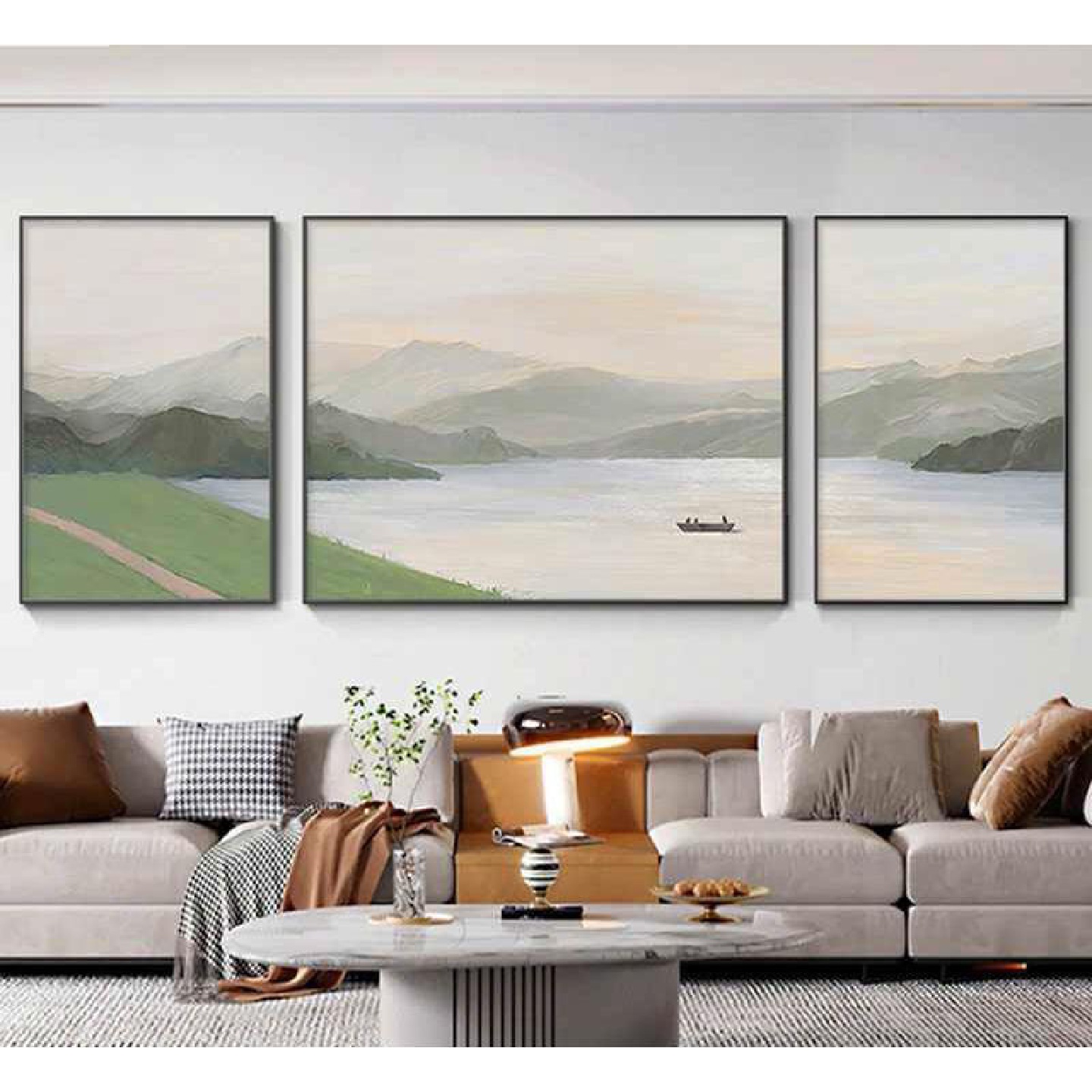 顺丰客厅纯手绘油画奶油风背有靠山山水景组合三联画挂画沙发背景