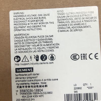 议价软启动器 3RW3036-1BB04 45A 内置 22KW 3RW3036-1BB14