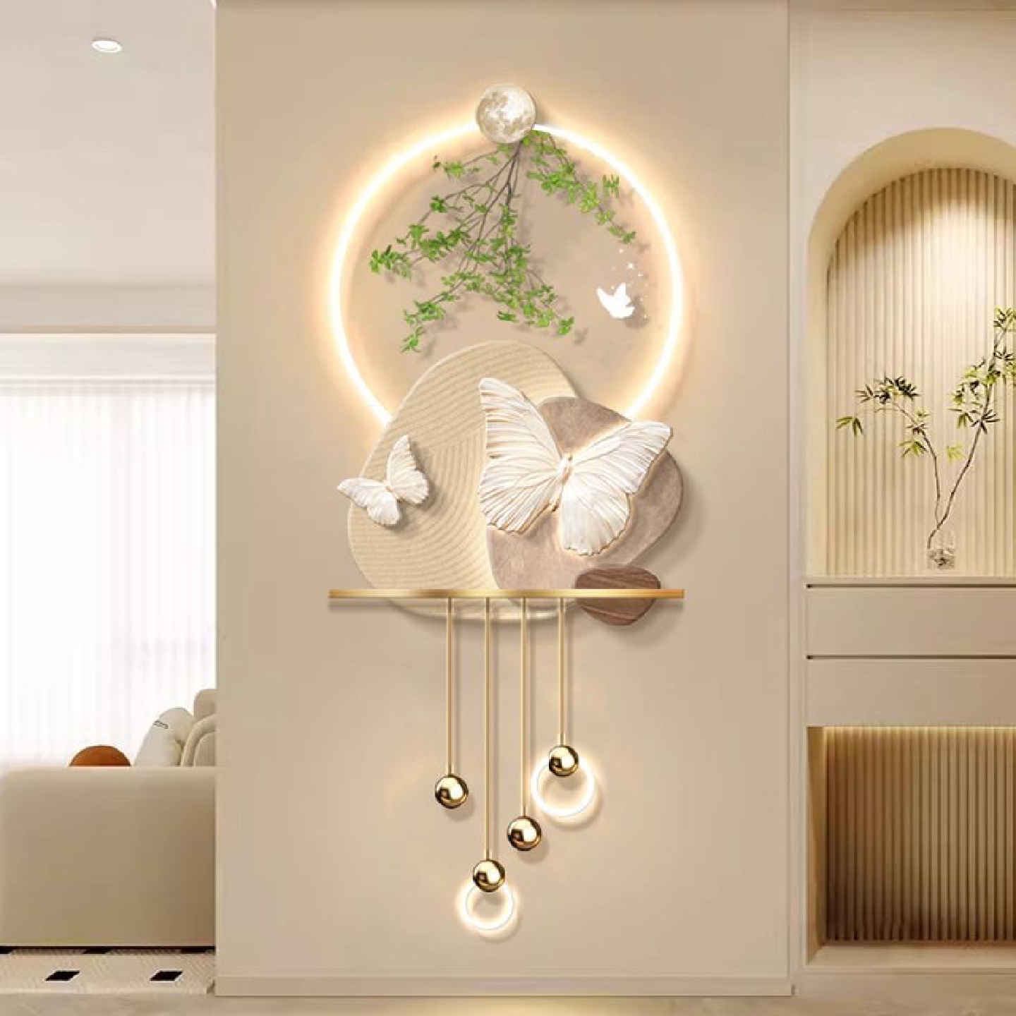 奶油风装饰画玄关蝴蝶走廊尽头挂画简约现代客厅立体发光灯壁画图片