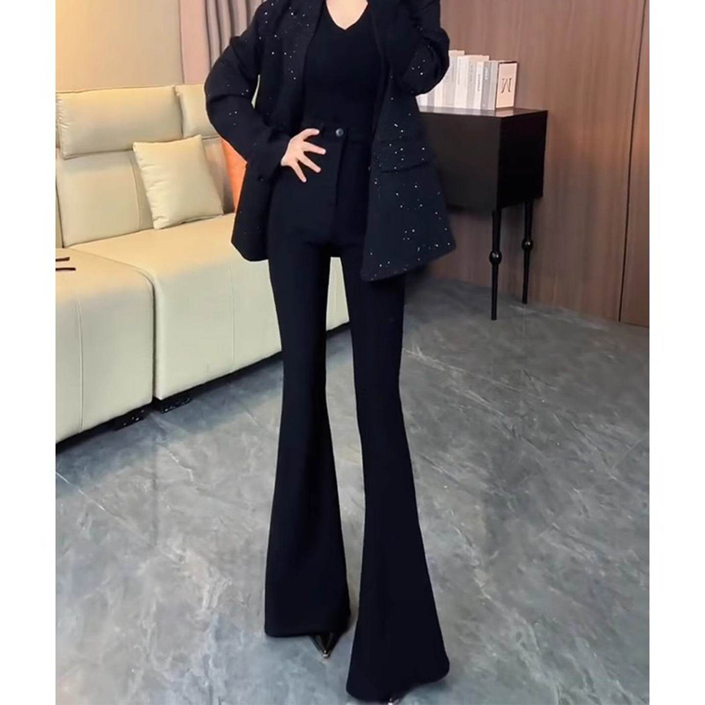 黑色微喇西装裤女2025年秋冬新款高腰弹力修身显瘦垂感马蹄拖地裤