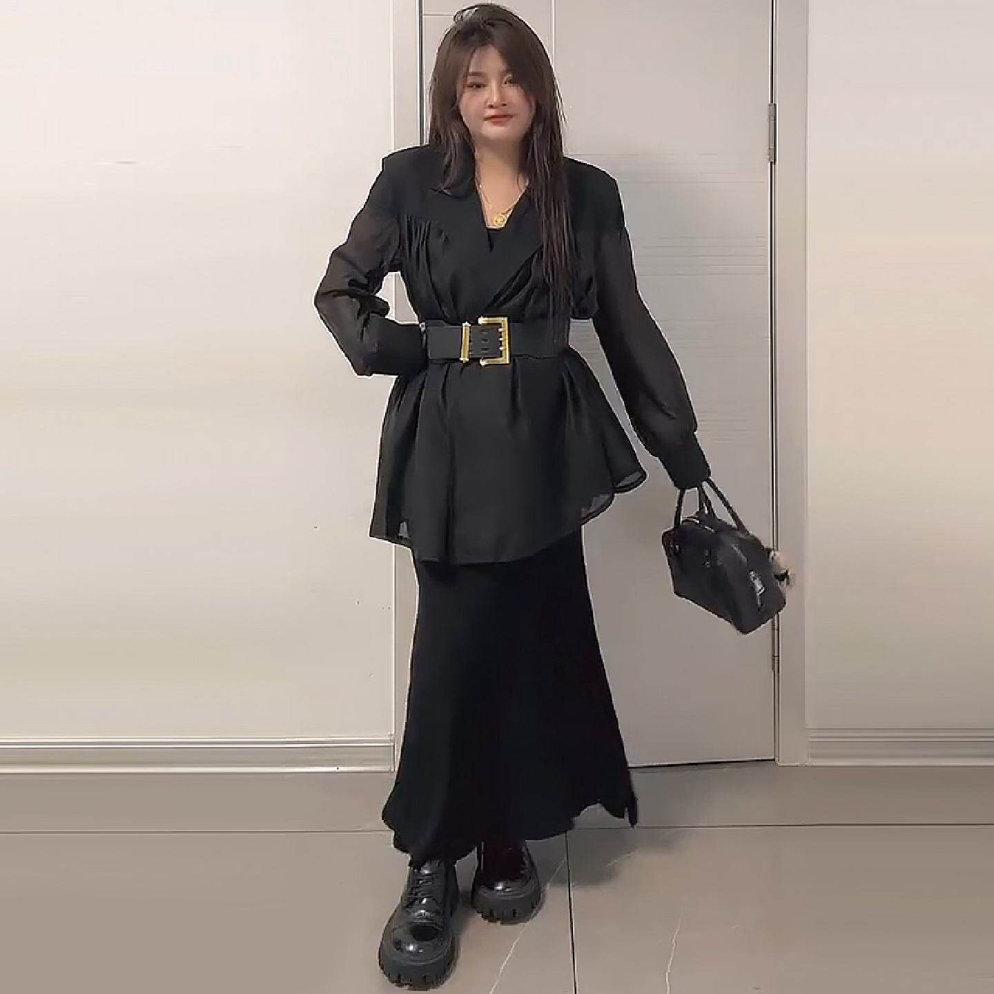 拼纱防晒西服外套女鱼尾半身裙胖mm2024春季新款显瘦宽松大码女装