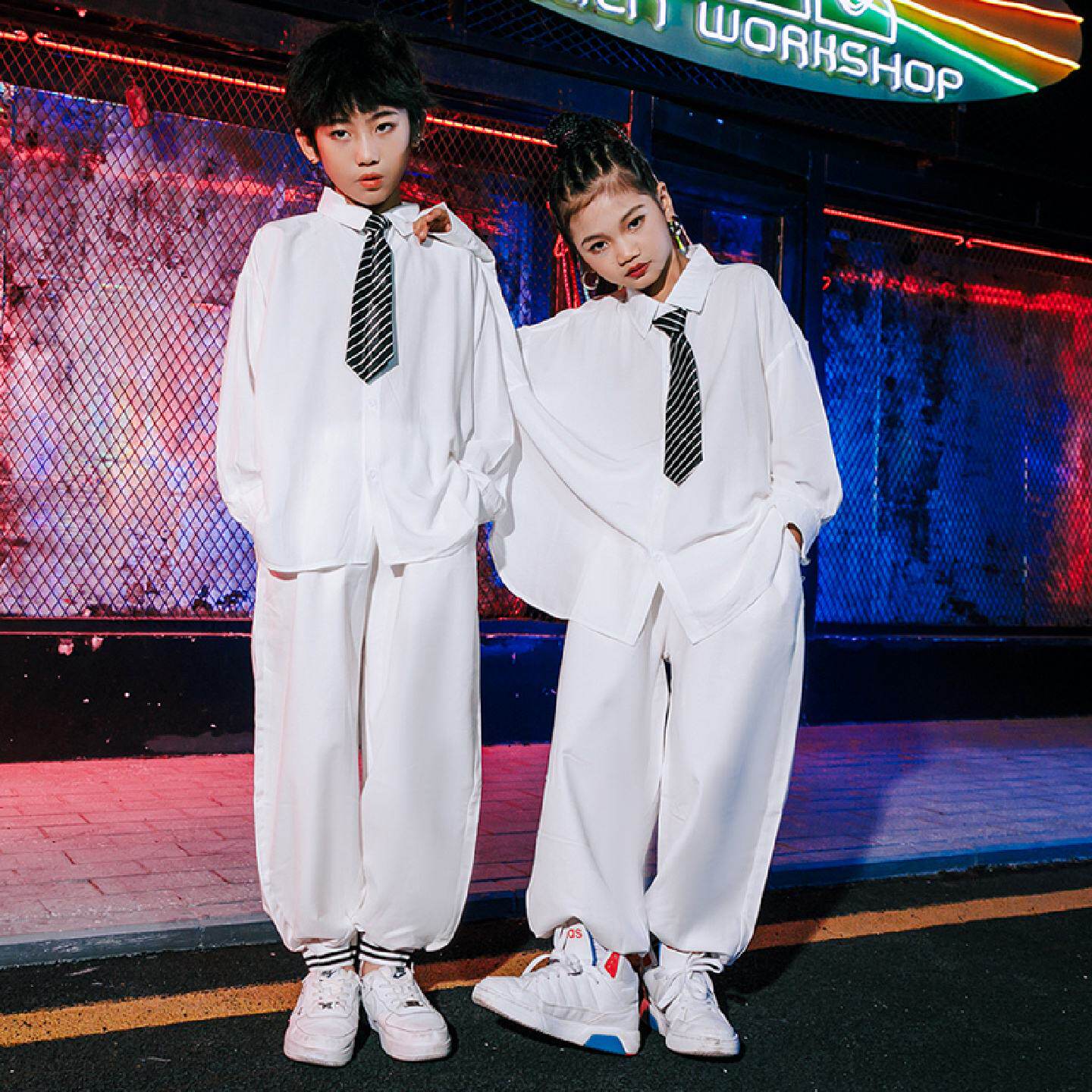 女童爵士舞服装儿童套装男童hiphop嘻哈街舞演出服装走秀白色衬衫