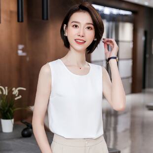 打底衫 白色雪纺T恤吊带背心女春夏内搭上衣外穿V领无袖 缎面小西装