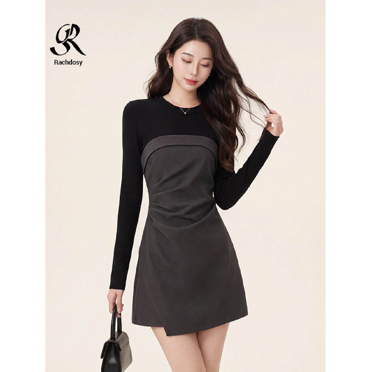 童话王国轻奢风设计感洋气时尚不规则拼接假两件圆领连衣裙女