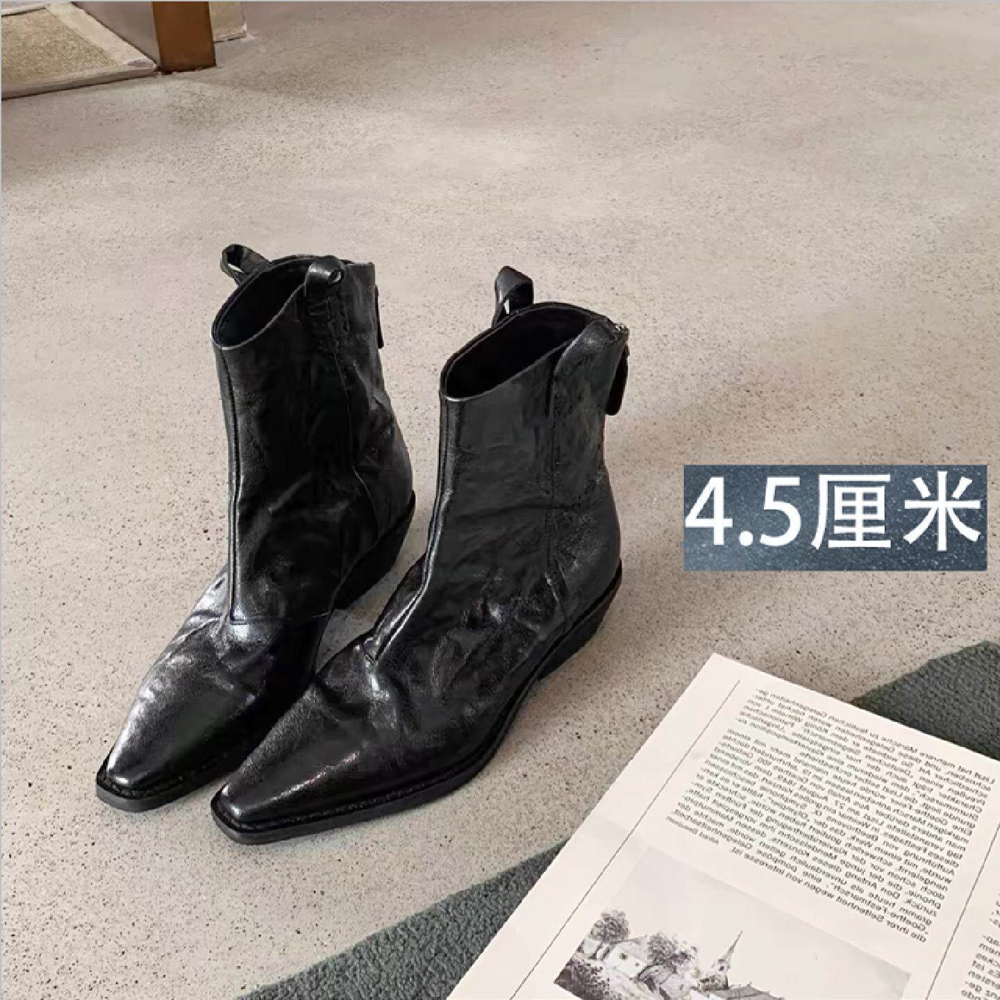 牛皮版时髦尖头V口显瘦粗跟皱感西部短靴女真皮马丁靴单靴小踝靴