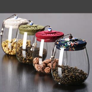 花布盖子茶叶罐大小号家用密封罐复古透明高硼硅玻璃带盖储物瓶子