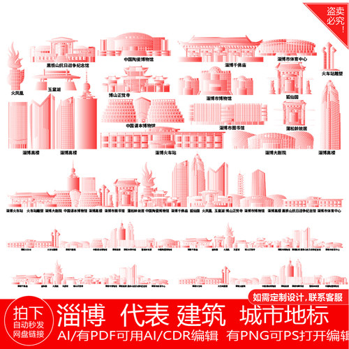 淄博山东建筑城市地平天际线描稿插画剪影景点手绘旅游地标志素材