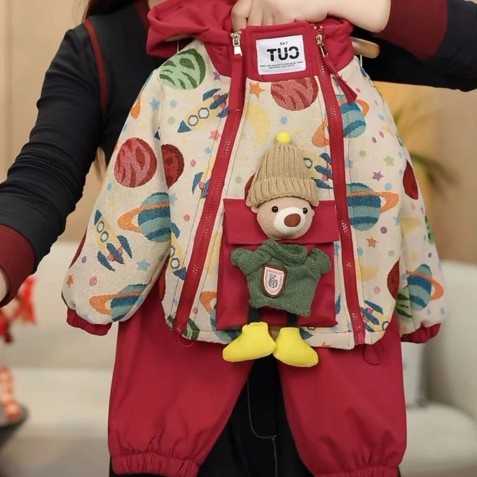 儿童冬款套装卡通玩偶夹棉加厚男女童冬季棉服宝宝两件套