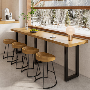 矮吧台桌实木窄长条桌子商用餐饮便利店超市靠墙靠窗吧台桌椅组合