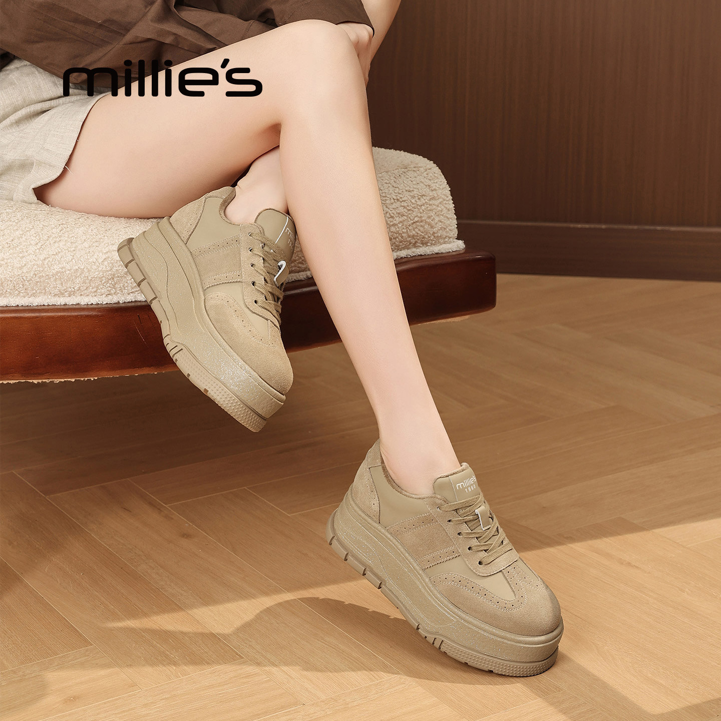 MILLIE'S/妙丽厚底运动鞋秋冬杏色系带休闲鞋增高鞋加绒棉鞋女款