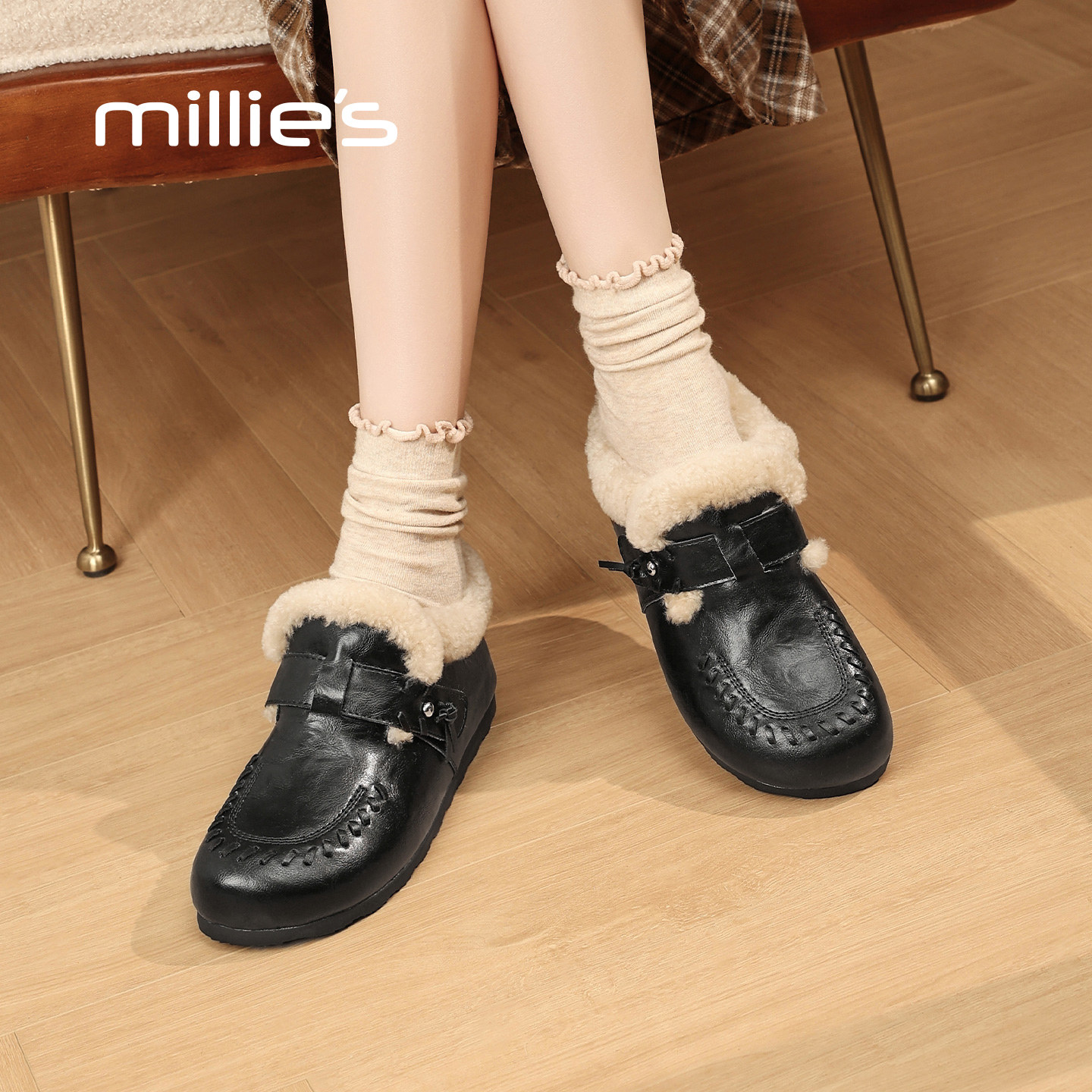 MILLIE'S/妙丽厚底勃肯鞋女款加绒毛毛棉鞋黑色一脚蹬外穿保暖女