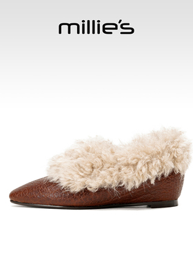 millies妙丽女鞋毛毛鞋女2025年冬季新款加绒保暖休闲懒人女棉鞋